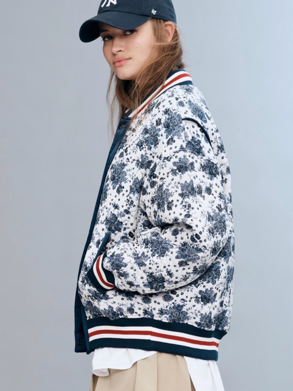 Maeve Floral Quilted Bomber Jacket in Navy & White - Picture 2 of 15